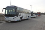 Neoplan Trendliner,MAN Niederflurbus 3.Generation(Lion's City)und MAN Doppelstockbus abgestellt am 02.04.2016 in H�he Rostock Hauptbahnhof/S�d.